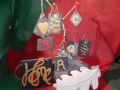 Christmas decorations, Christmas trees and hearts  £5 each, painted letters £4 each