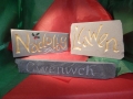 Nadolig £129 Llawen £115, Hand carved Forest of Dean sandstone. Smile Hand carved Welsh slate,£75